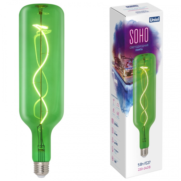 Лампа светодиодная SOHO LED-SF21-5W/SOHO/E27/CW GREEN GLS77GR зеленая колба, спиральный филамент с гарантией 