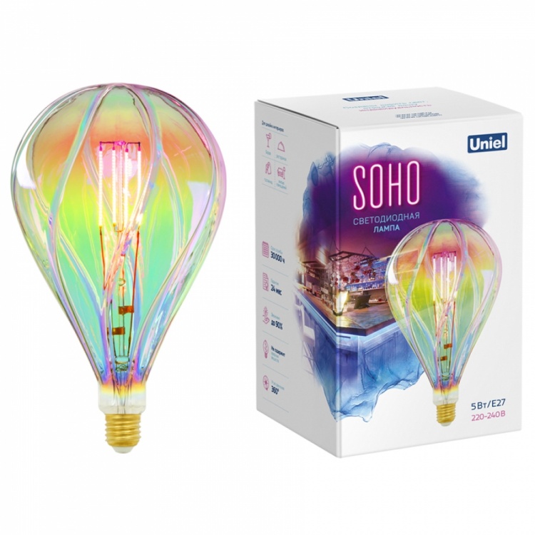 Лампа светодиодная SOHO LED-SF31-5W/SOHO/E27/CW RAINBOW GLS77RB радужная колба, прямой филамент с гарантией 