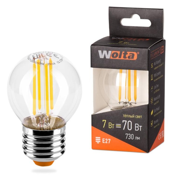Светодиодная лампа  WOLTA FILAMENT 25Y45GLFT7E27 "Шар" G45 7Вт 730лм 3000К E27